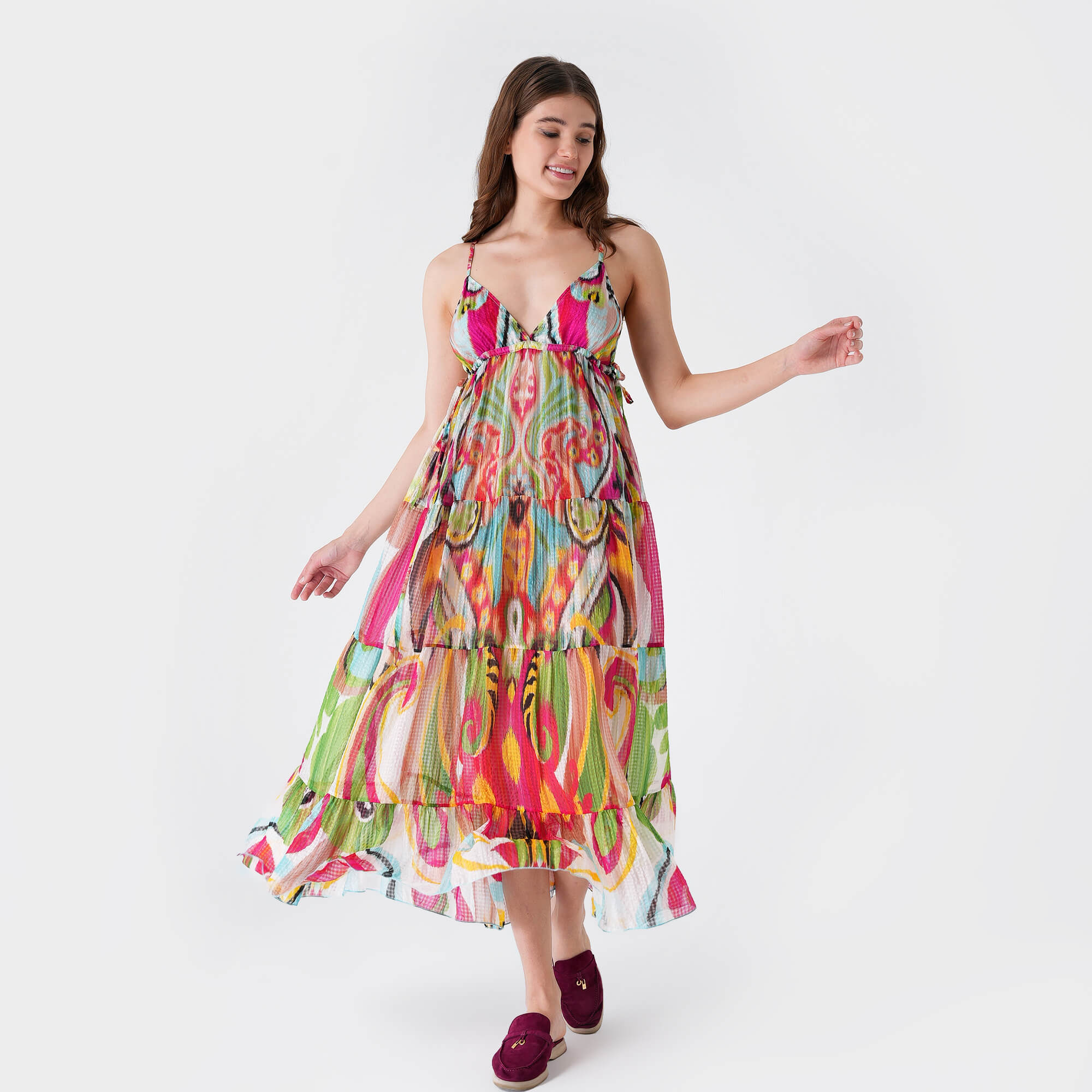 Etro - Pink&Green&Yellow&Blue Silk Strap Dress 